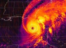 Hurricane Ian - colorful satellite weather map overlayed with wind streams.