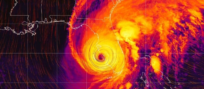 Hurricane Ian - colorful satellite weather map overlayed with wind streams.
