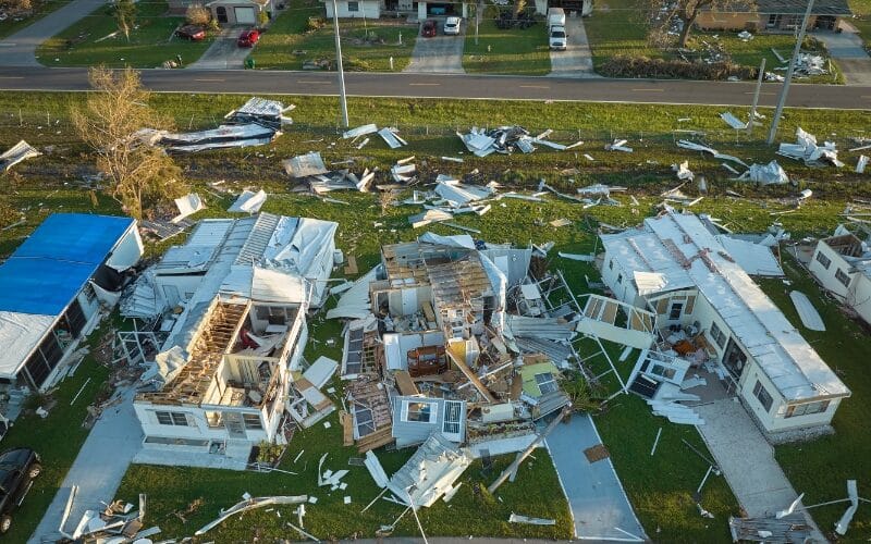 Destroyed homes after a hurricane