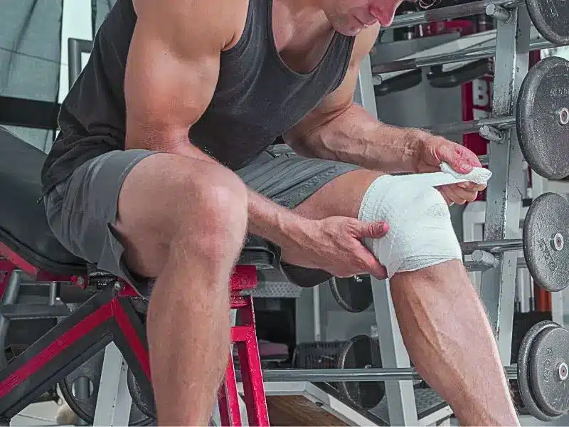 Muscular Caucasian man wraps knee with sport bandage in weightlifting gym. how many personal injury cases go to trial