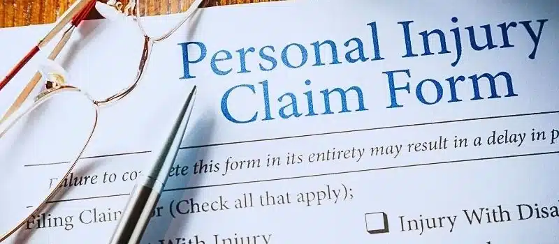Personal Injury Claim form with pen and glasses. personal injury claim process