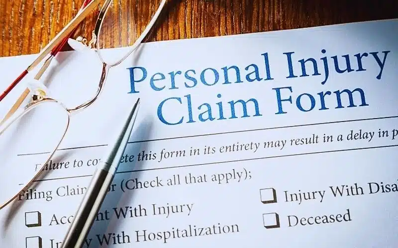 Personal Injury Claim form with pen and glasses. personal injury claim process