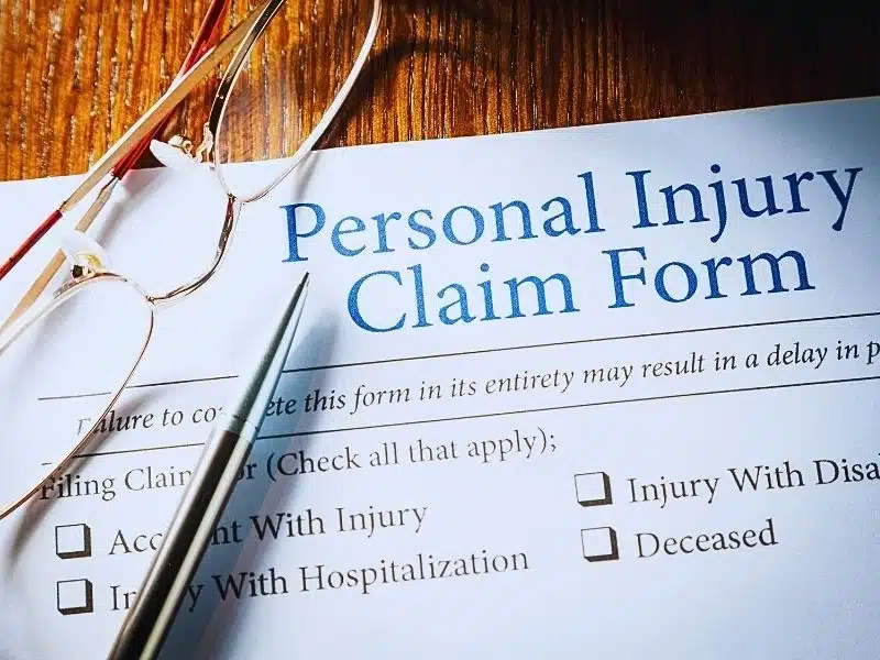 Personal Injury Claim form with pen and glasses. personal injury claim process