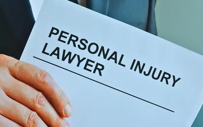 A lawyer holding a paper with "Personal Injury Lawyer" text written on it.