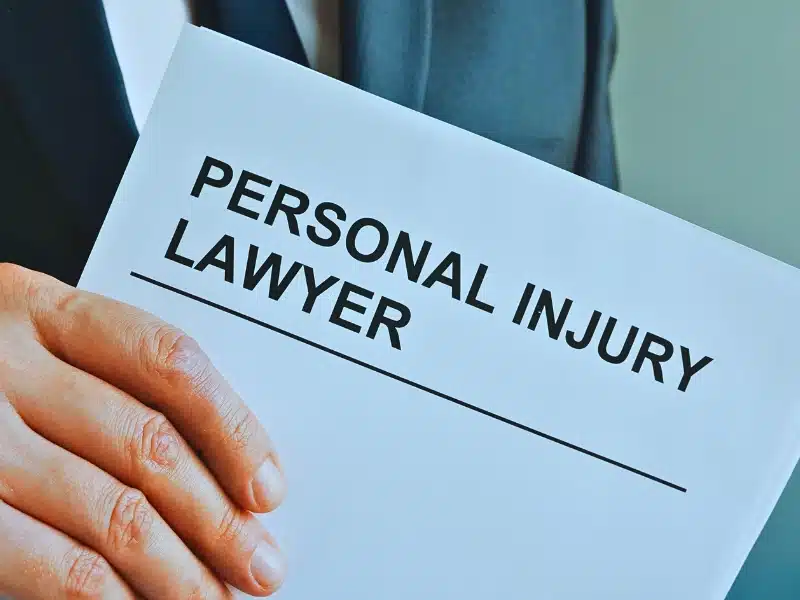 A lawyer holding a paper with "Personal Injury Lawyer" text written on it.
