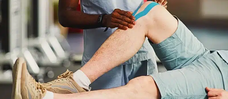 Closeup of rehabilitation therapist putting taping at knee of senior patient.