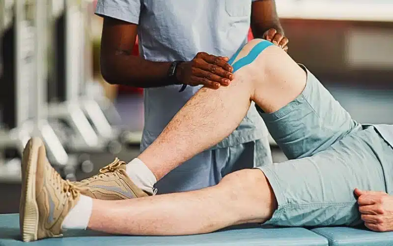 Closeup of rehabilitation therapist putting taping at knee of senior patient.