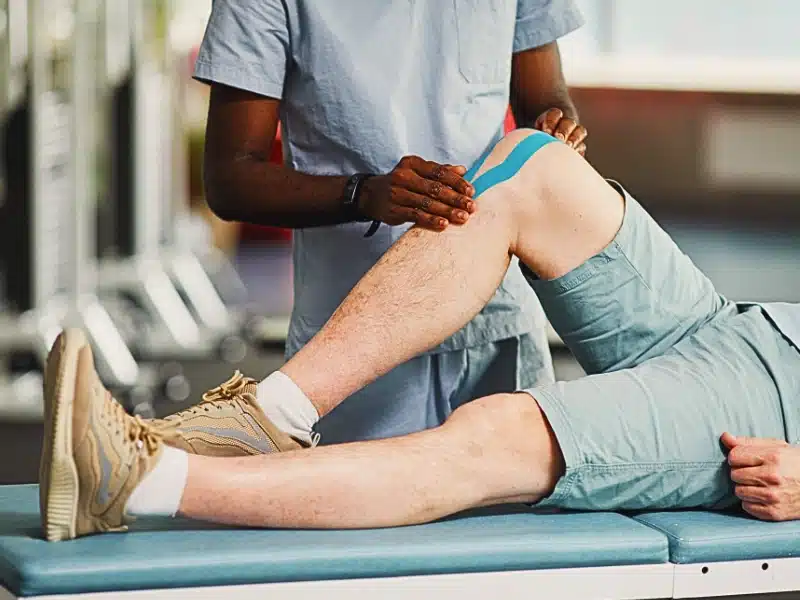Closeup of rehabilitation therapist putting taping at knee of senior patient.