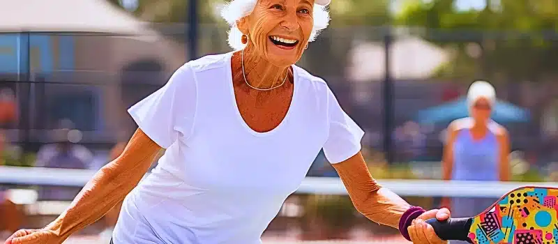 Senior lady playing pickleball.