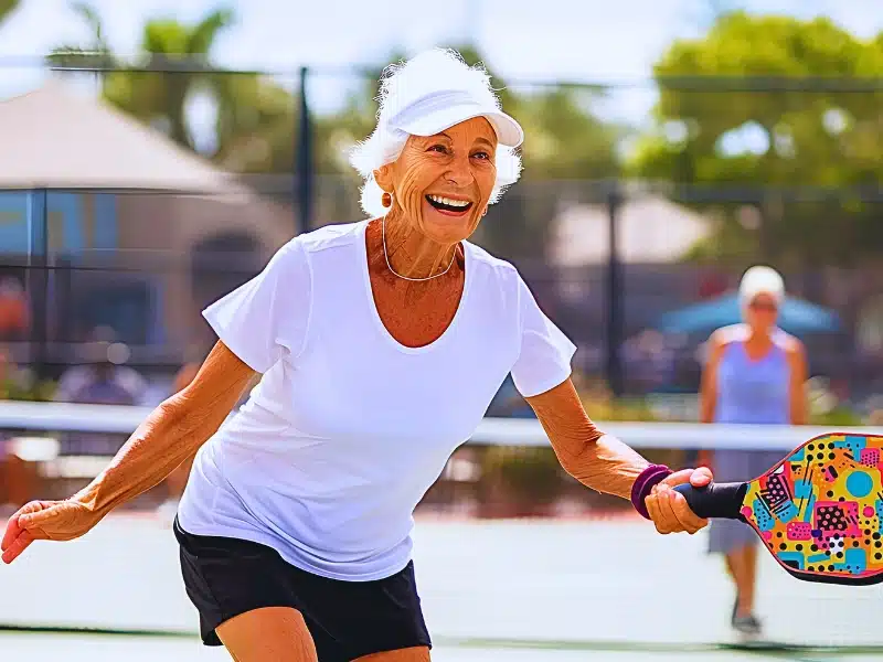 Senior lady playing pickleball.