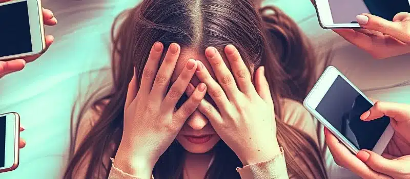 A diverse group of individuals covering their eyes with their hands.