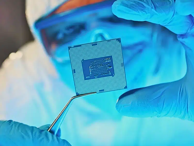 Scientist developer in protective suit holds microcircuit.