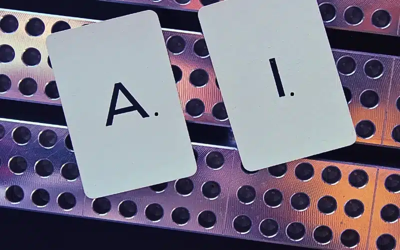 Close-up of letters of A I on cards against railing.