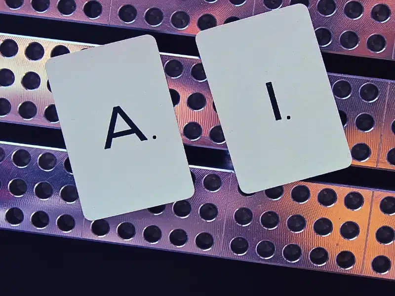 Close-up of letters of A I on cards against railing.